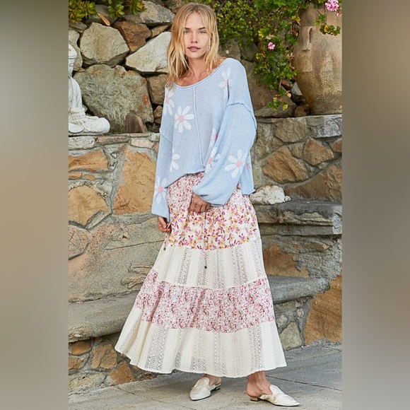 POL The Daisy Drift Sweater | Sky Blue Lightweight Floral Balloon Sleeve Top - Picture 6 of 7